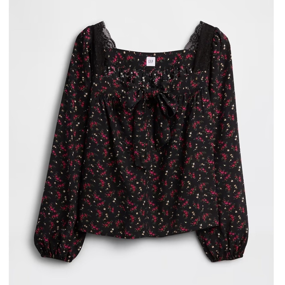 Gap Womens M Oversized Lace-Trim Top Black Red Ditsy Floral Square Neck Blouse